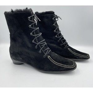 Kate Spade Sz 7 Black Suede Fur Lined Boots Square Toe Block Heel Mid Calf